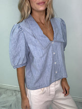 Load image into Gallery viewer, STITCH & Co Peter Pan Collar V Neck Denim Top in Light Denim Blue