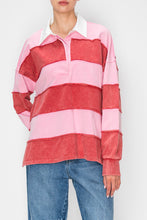 Load image into Gallery viewer, STITCH & Co. Washed Color Block Rugby Top in Baby Pink/Burgundy