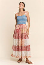 Load image into Gallery viewer, Davi & Dani Smocked Denim Bodice Patchwork Tiered Maxi Dress in Coral