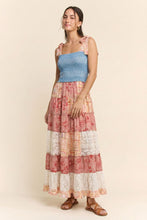 Load image into Gallery viewer, Davi & Dani Smocked Denim Bodice Patchwork Tiered Maxi Dress in Coral