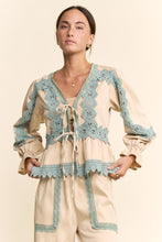 Load image into Gallery viewer, Davi & Dani Front Tie Cardigan with Contrasting Lace Insert Details in Beige