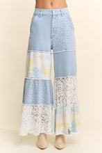 Load image into Gallery viewer, Davi & Dani Denim Blocked Patchwork Print and Lace Pants in Light Denim Multi