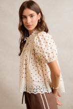 Load image into Gallery viewer, So Me Polka Dot Cotton Lace Trim Blouse in Beige/Brown
