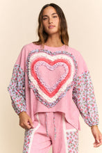 Load image into Gallery viewer, Davi & Dani Waffle Knit and Floral Print Top with Ruffle Heart Detail in Pink Multi