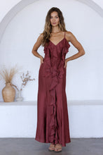 Load image into Gallery viewer, Storia Satin Ruffle V-Neck Dress in Raspberry