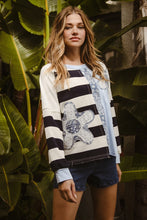 Load image into Gallery viewer, BiBi Terry Knit Solid n Striped Top with Flower Patches in Blue Mix ON ORDER
