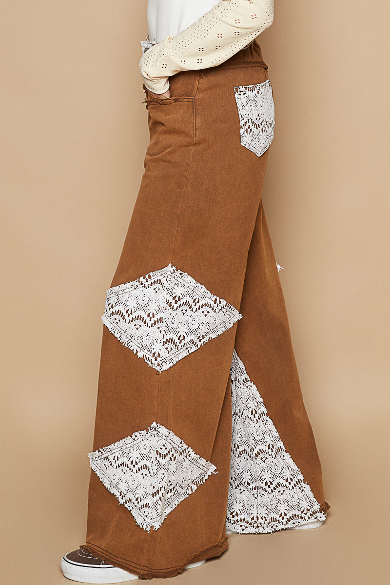 POL Vintage Washed Jeans with Crochet Patches in Rustic Brown