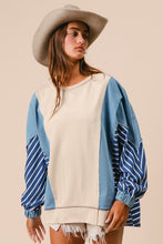 Load image into Gallery viewer, BiBi OVERSIZED Mixed Fabric Top with Stripes in Oatmeal