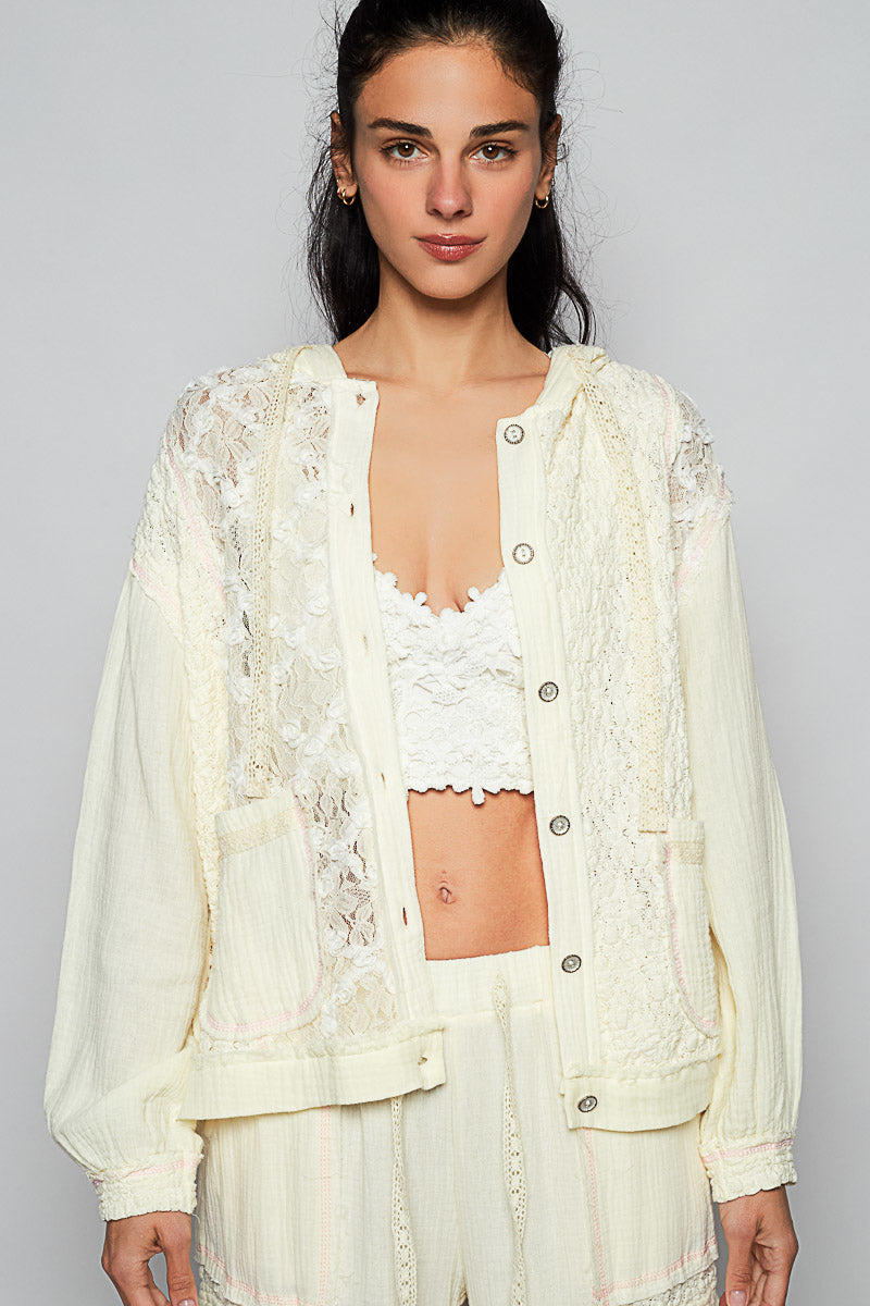 POL Textured Gauze and Lace Jacket in Natural – June Adel