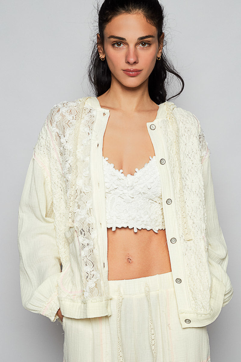 ジャケット・アウター acka lace sleeve jacket / ivory POL Textured Gauze and Lace Jacket in Natural – June Adel