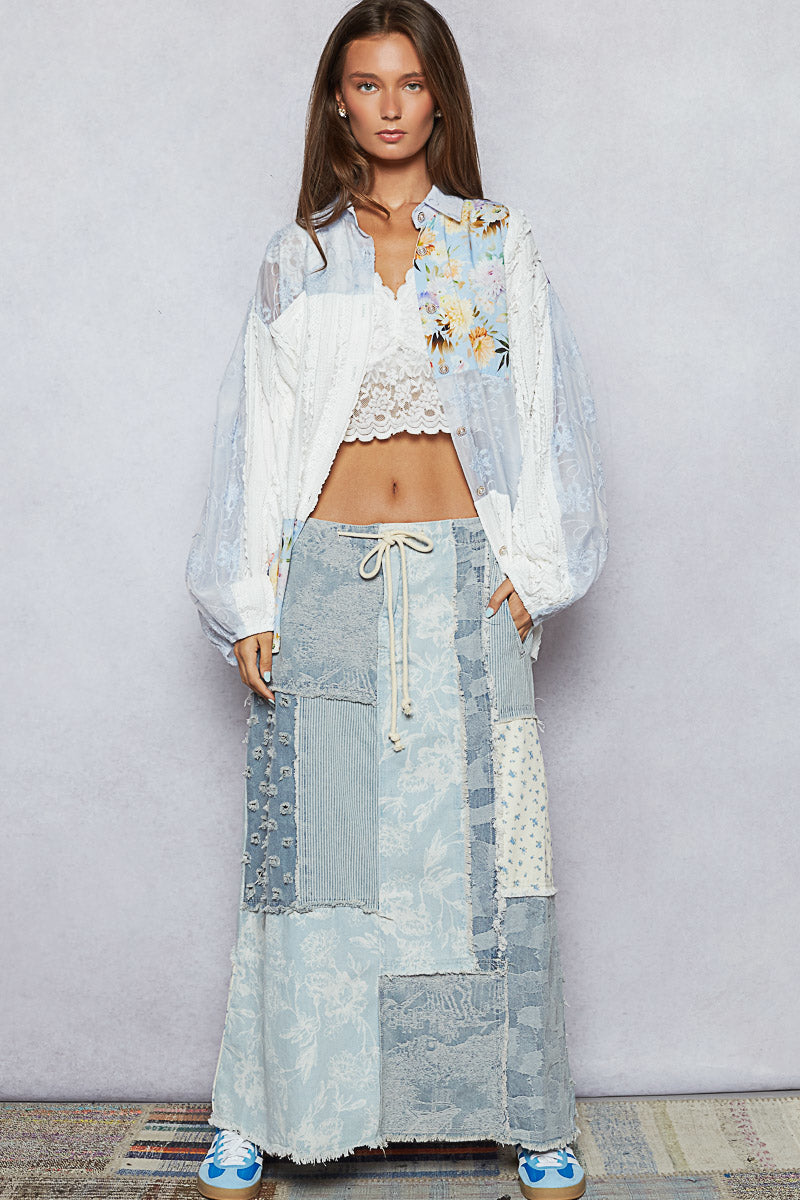 POL Mixed Media Patchwork Top in Cloud Blue – June Adel