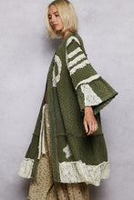 Load image into Gallery viewer, POL Distressed Twill Long Cardigan with Peace Sign Patches in Olive