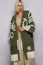 Load image into Gallery viewer, POL Distressed Twill Long Cardigan with Peace Sign Patches in Olive