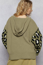 Load image into Gallery viewer, POL Chenille Hooded Sweater with Leopard Print and Heart Patches in Olive Multi