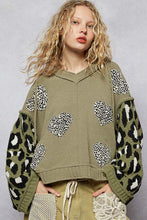 Load image into Gallery viewer, POL Chenille Hooded Sweater with Leopard Print and Heart Patches in Olive Multi