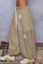 Load image into Gallery viewer, POL Mixed Patchwork Joggers with Crochet Flower Patches in Sand Multi