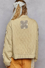 Load image into Gallery viewer, POL Quilted Denim Jacket with Floral Print Flower Patches in Taupe Beige