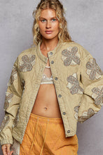 Load image into Gallery viewer, POL Quilted Denim Jacket with Floral Print Flower Patches in Taupe Beige