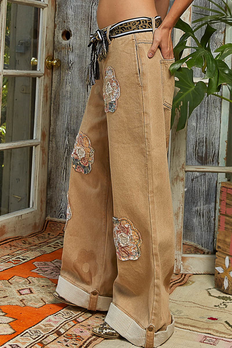 POL Flower Patched Wide Leg Denim Pants in Sand – June Adel