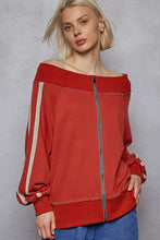 Load image into Gallery viewer, POL French Terry Knit Off the Shoulder Top with Lace Stripe Details in Dried Tomato