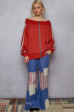 Load image into Gallery viewer, POL French Terry Knit Off the Shoulder Top with Lace Stripe Details in Dried Tomato