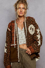 Load image into Gallery viewer, POL Mixed Print Patchwork Jacket with Star and Peace Sign Patches in Choco