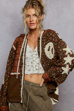 Load image into Gallery viewer, POL Mixed Print Patchwork Jacket with Star and Peace Sign Patches in Choco