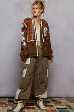Load image into Gallery viewer, POL Mixed Print Patchwork Jacket with Star and Peace Sign Patches in Choco
