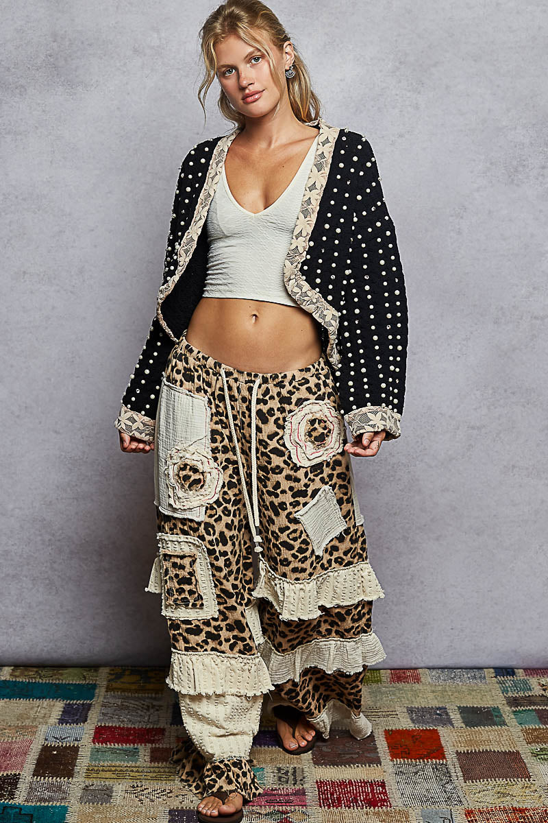 POL Chenille Knit Cardigan with Lace Pearl and Rhinestone Details