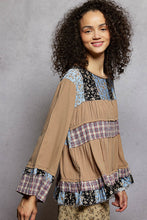 Load image into Gallery viewer, POL Baby Doll Top with Mixed Print Ruffle Details in Milk Choco
