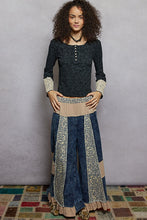 Load image into Gallery viewer, POL French Terry Patchwork Pants with Ruffle Hem in Indigo
