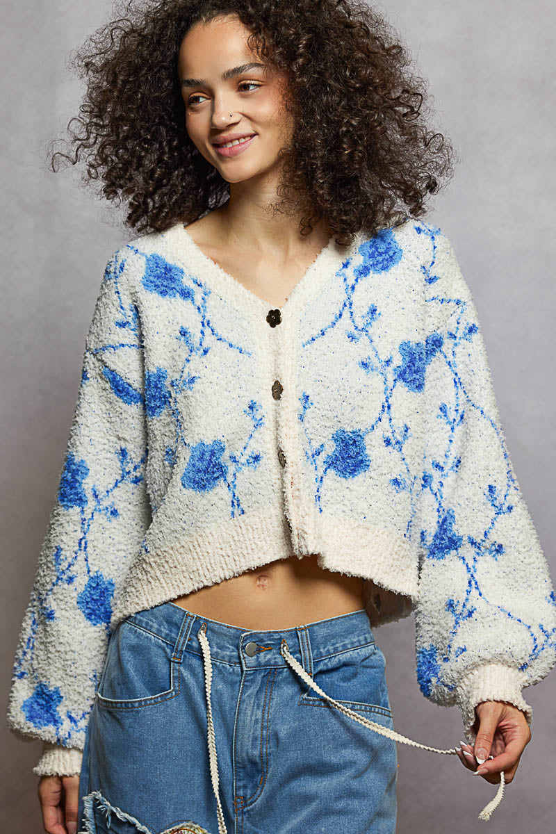 ブルーガール　フラワーモチーフカーディガン POL Berber Cardigan with a Diamond Floral Print in Cream/Blue