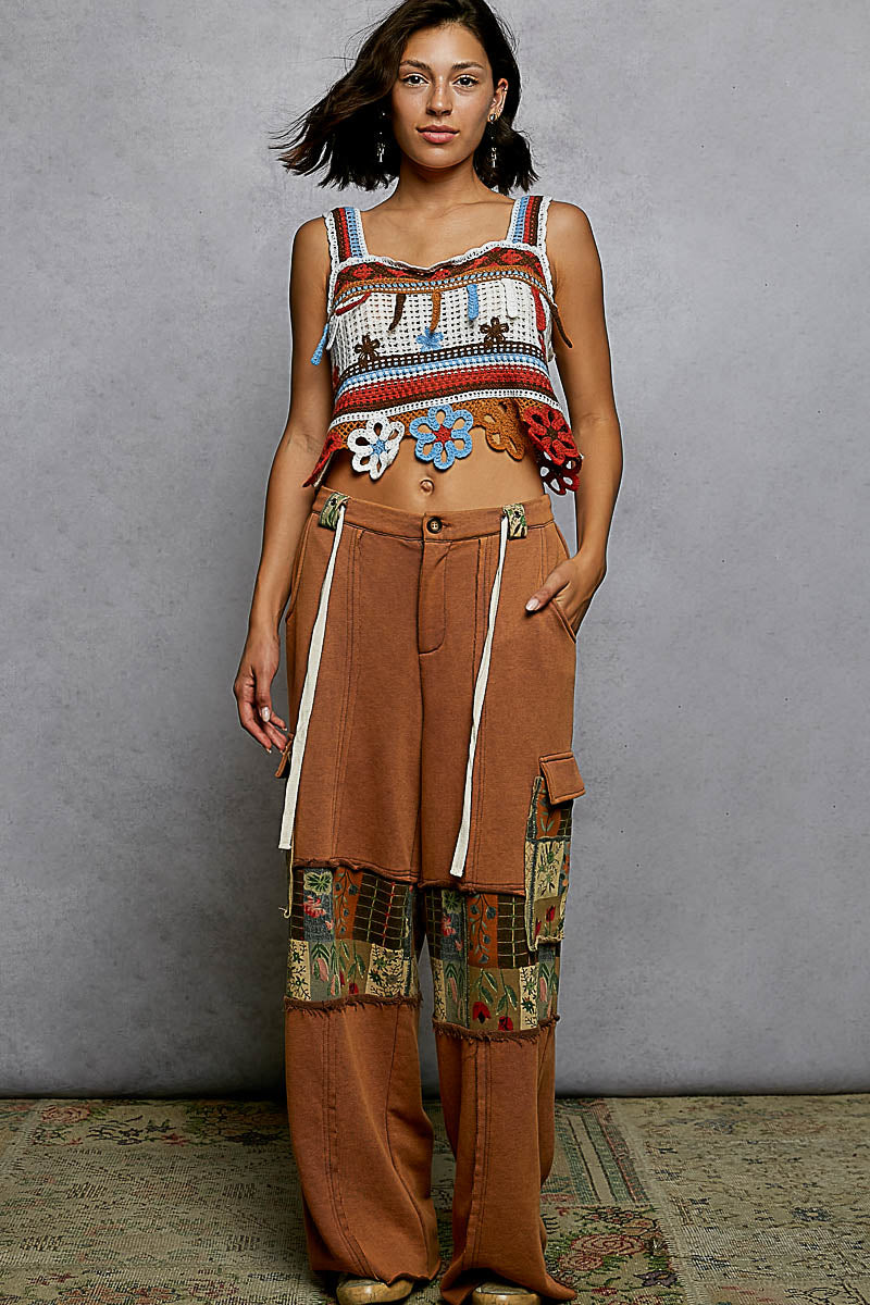 POL French Terry Pants with Mixed Print Patch in Chocolate Mousse