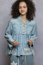 Load image into Gallery viewer, POL Hooded Baby Doll Top with Lace Patches and Floral Embroidery in Denim