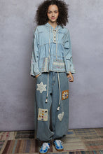 Load image into Gallery viewer, POL Hooded Baby Doll Top with Lace Patches and Floral Embroidery in Denim