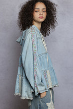 Load image into Gallery viewer, POL Hooded Baby Doll Top with Lace Patches and Floral Embroidery in Denim