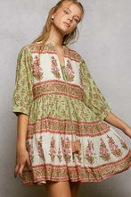 Load image into Gallery viewer, POL Floral Border Tiered Mini Dress in Sage Multi