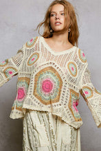 Load image into Gallery viewer, POL Open Weave Crochet Bold Circular Medallion Motif Sweater in Cream/Sage