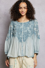 Load image into Gallery viewer, POL Vintage Washed Top with Embroidery Detail in Denim Blue