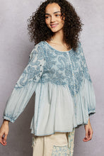 Load image into Gallery viewer, POL Vintage Washed Top with Embroidery Detail in Denim Blue