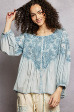 Load image into Gallery viewer, POL Vintage Washed Top with Embroidery Detail in Denim Blue