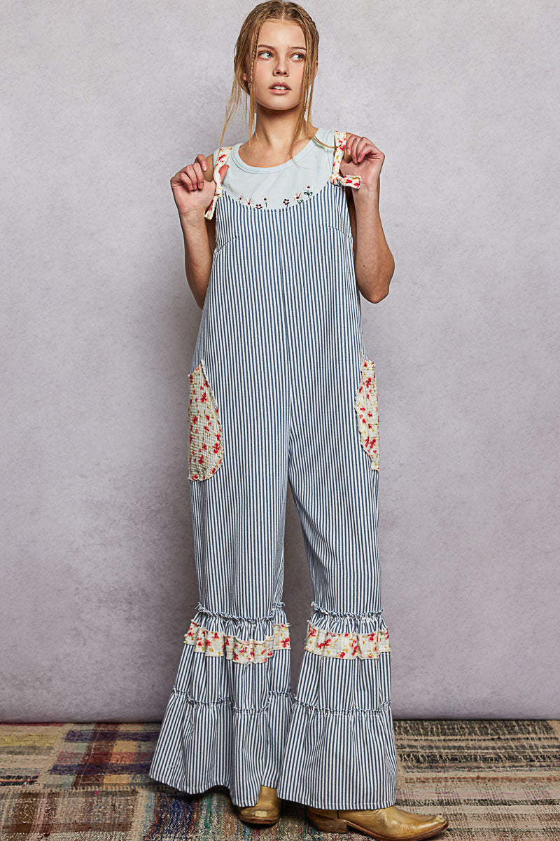 POL Striped Ruffle Wide Leg Overalls in Blue Stripe ON ORDER