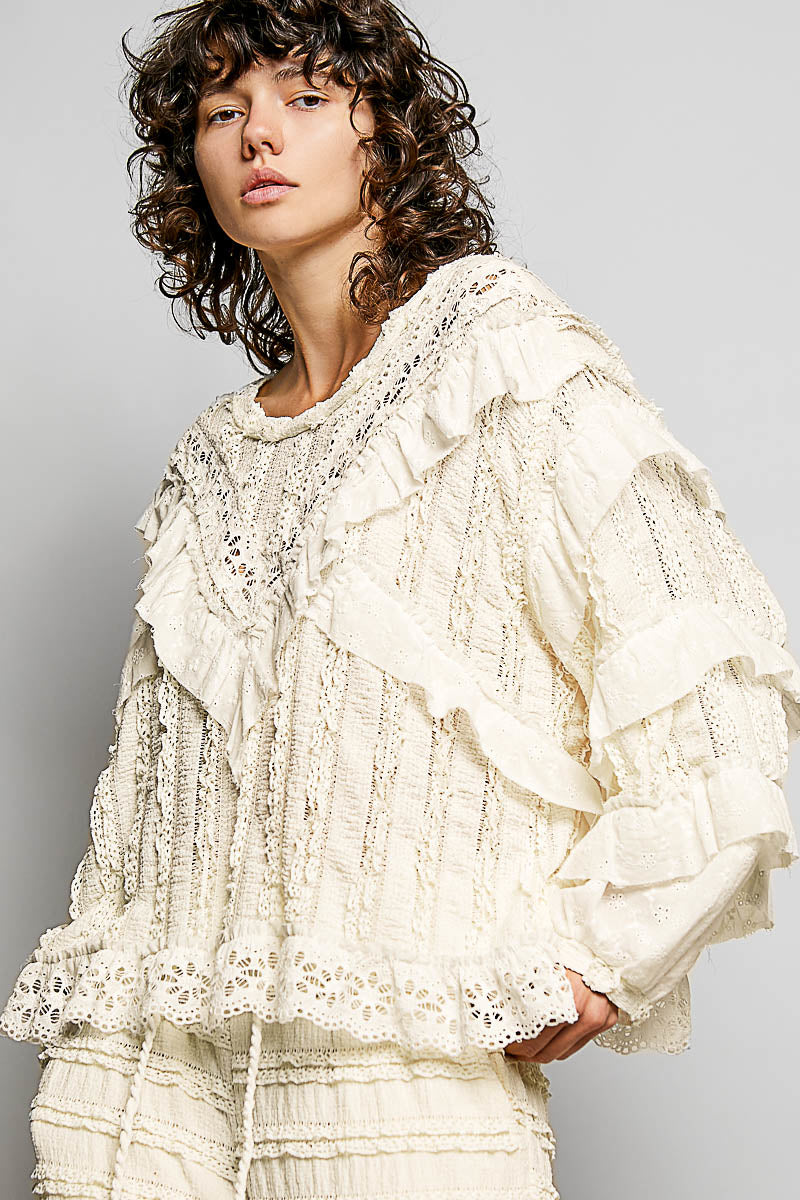 POL Ruffle Detailed Mixed Lace Top in Natural – June Adel