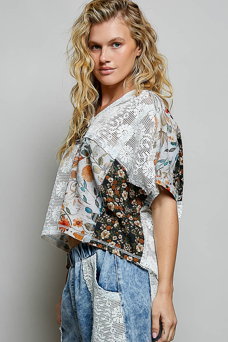 POL Lace and Mixed Floral Patchwork Top in Ivory Multi – June Adel