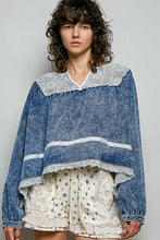 Load image into Gallery viewer, POL OVERSIZED French Terry Knit and Lace Top in Denim