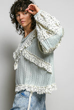 Load image into Gallery viewer, POL Textured Knit Top with Ruffle Detailed Mixed Lace in Mint Sage