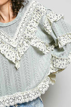 Load image into Gallery viewer, POL Textured Knit Top with Ruffle Detailed Mixed Lace in Mint Sage