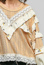 Load image into Gallery viewer, POL Textured Knit Top with Ruffle Detailed Mixed Lace in Peach Jam