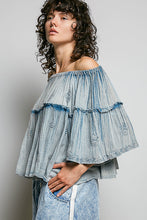 Load image into Gallery viewer, POL Off The Shoulder Cotton Top with Embroidery Details in Denim Blue