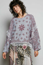 Load image into Gallery viewer, POL Mixed Pattern Knit Sweater with Lace Details in Grey/Pink Multi